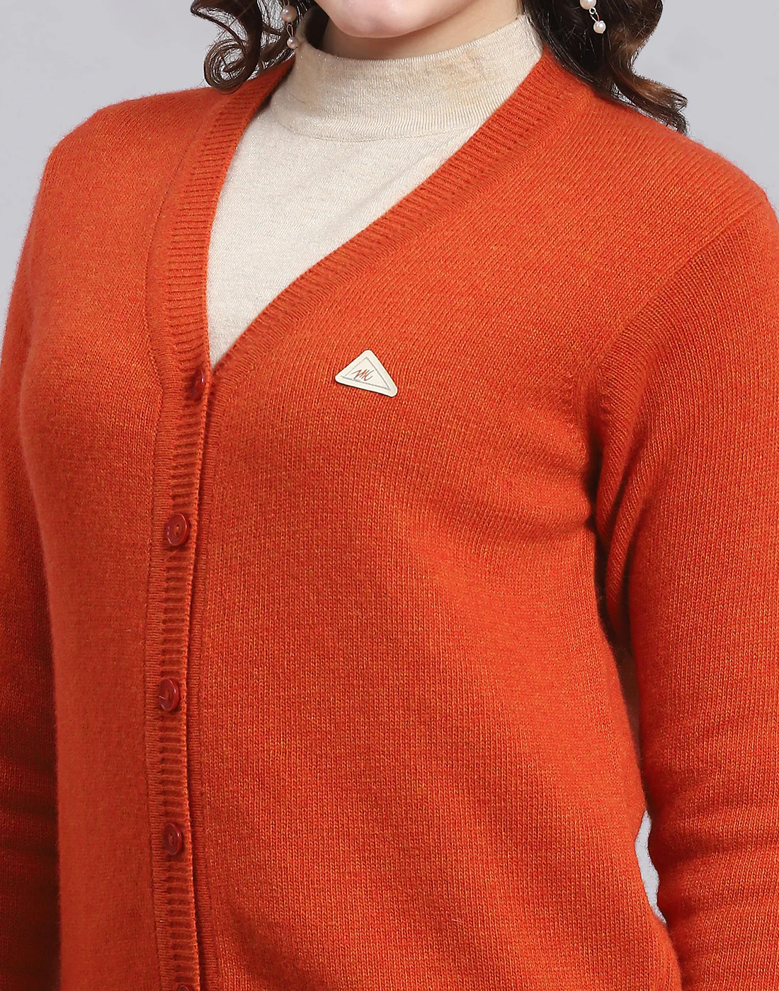 Women Orange Solid V Neck Full Sleeve Cardigan - Image 6