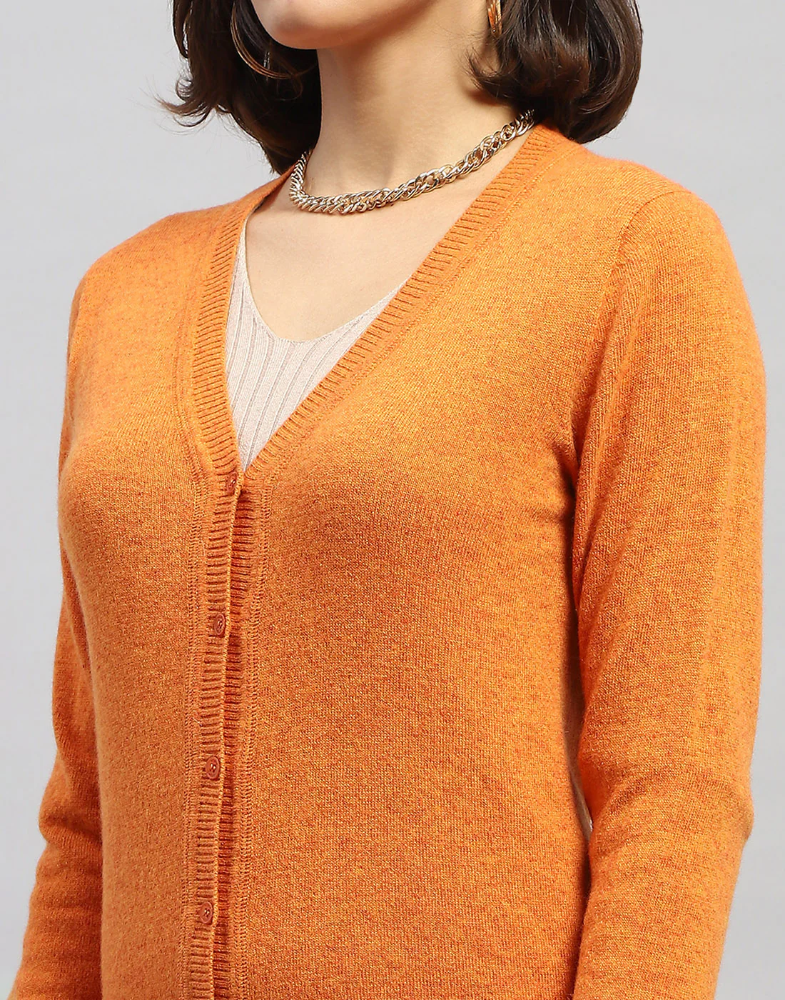 Women Orange Solid V Neck Full Sleeve Cardigan - Image 6