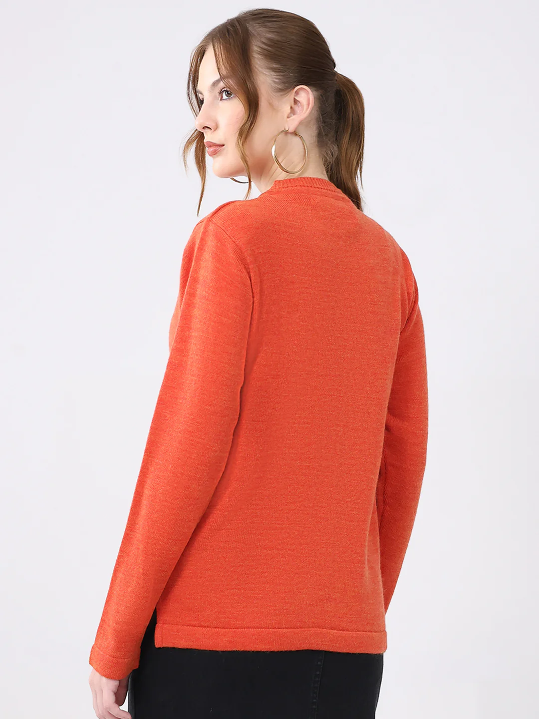 Women Orange Solid V Neck Full Sleeve Cardigan - Image 5