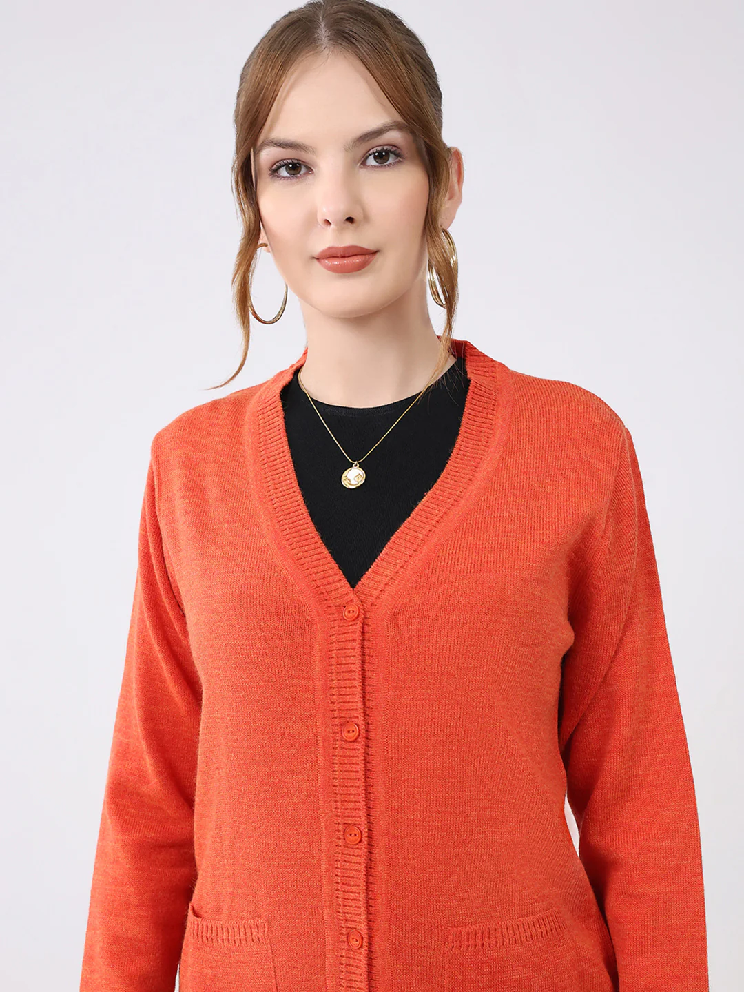 Women Orange Solid V Neck Full Sleeve Cardigan - Image 6