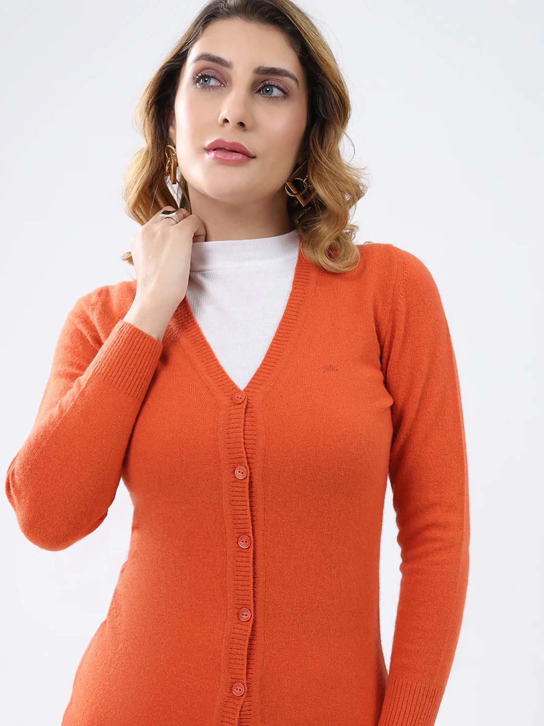 Women Orange Solid V Neck Full Sleeve Cardigan - Image 7