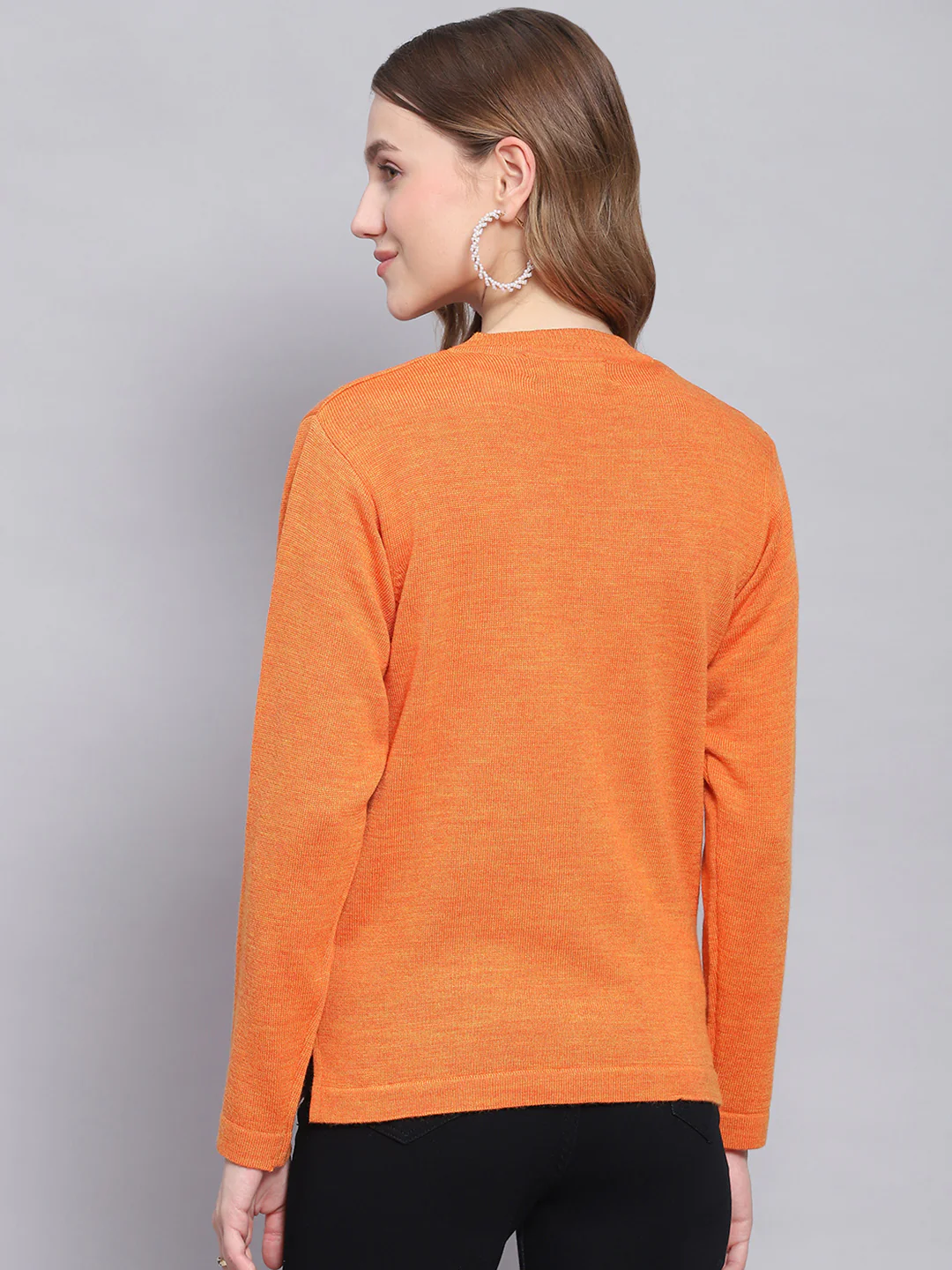 Women Orange Solid V Neck Full Sleeve Cardigans - Image 5