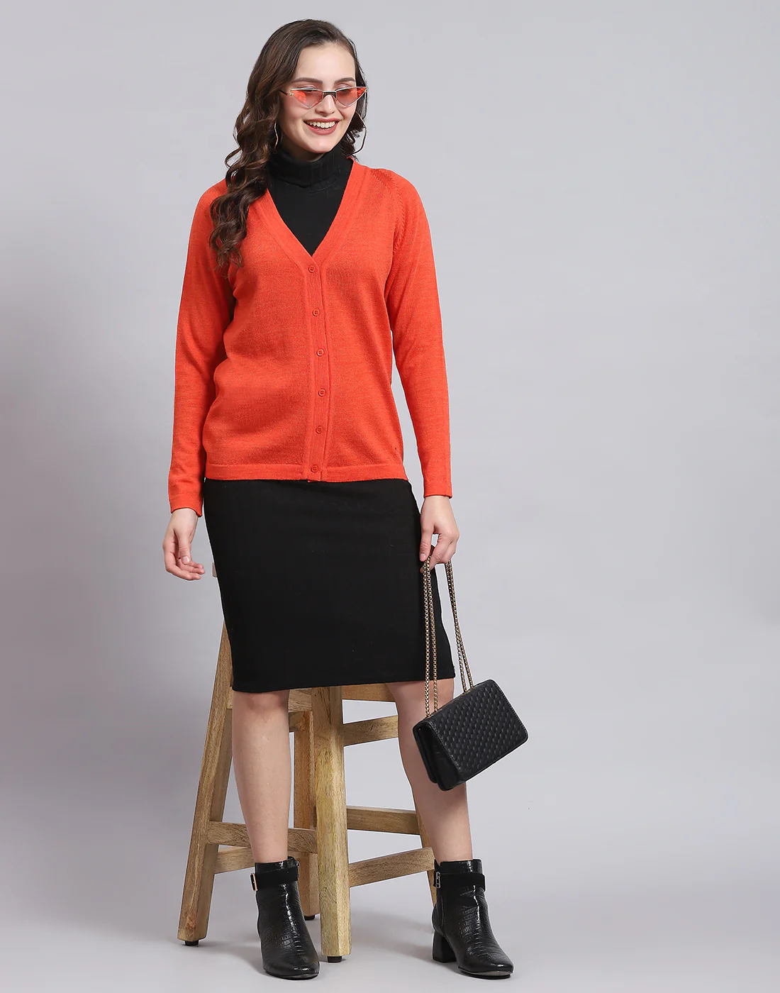 Women Orange Solid V Neck Full Sleeve Sweater - Image 2