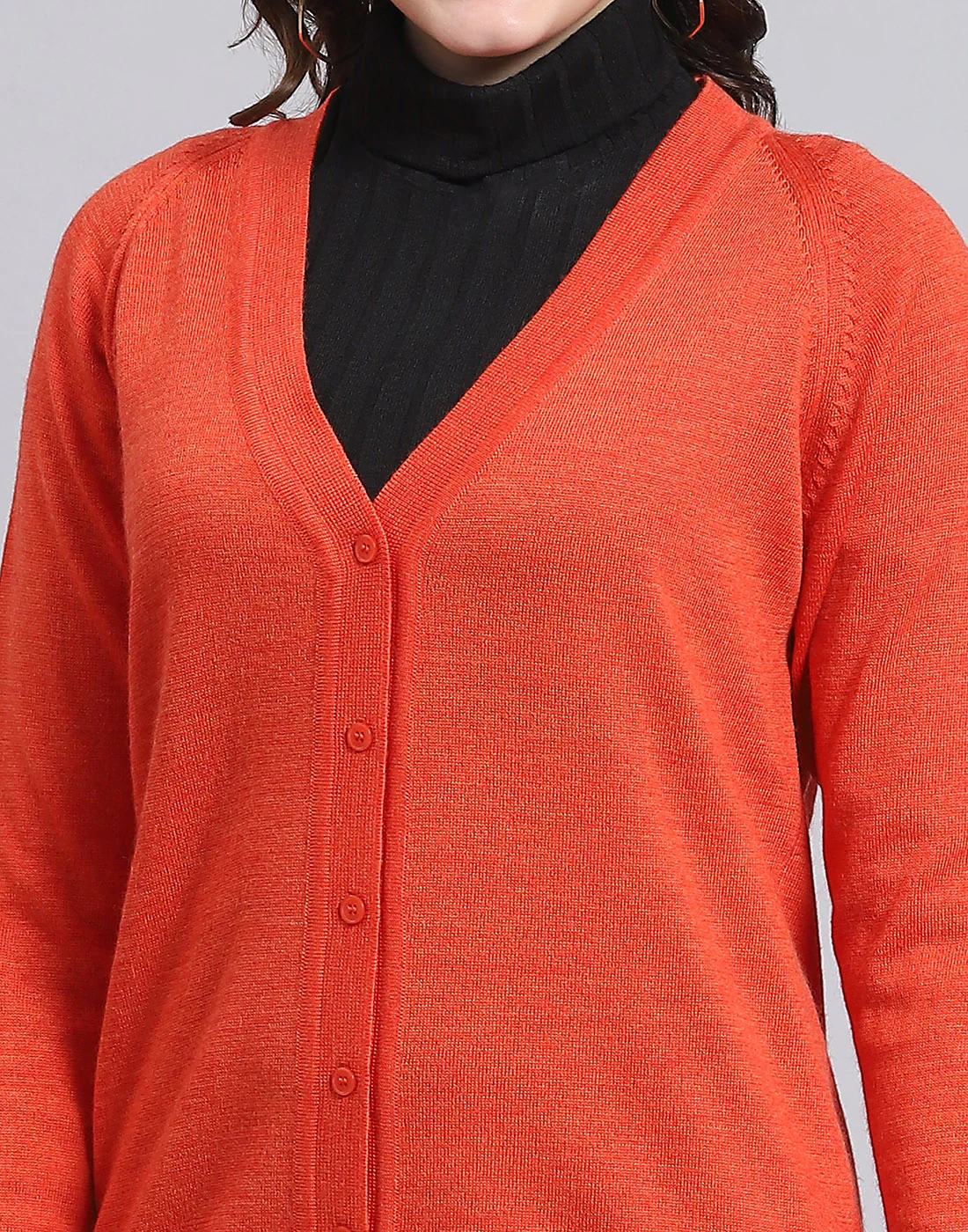 Women Orange Solid V Neck Full Sleeve Sweater - Image 6