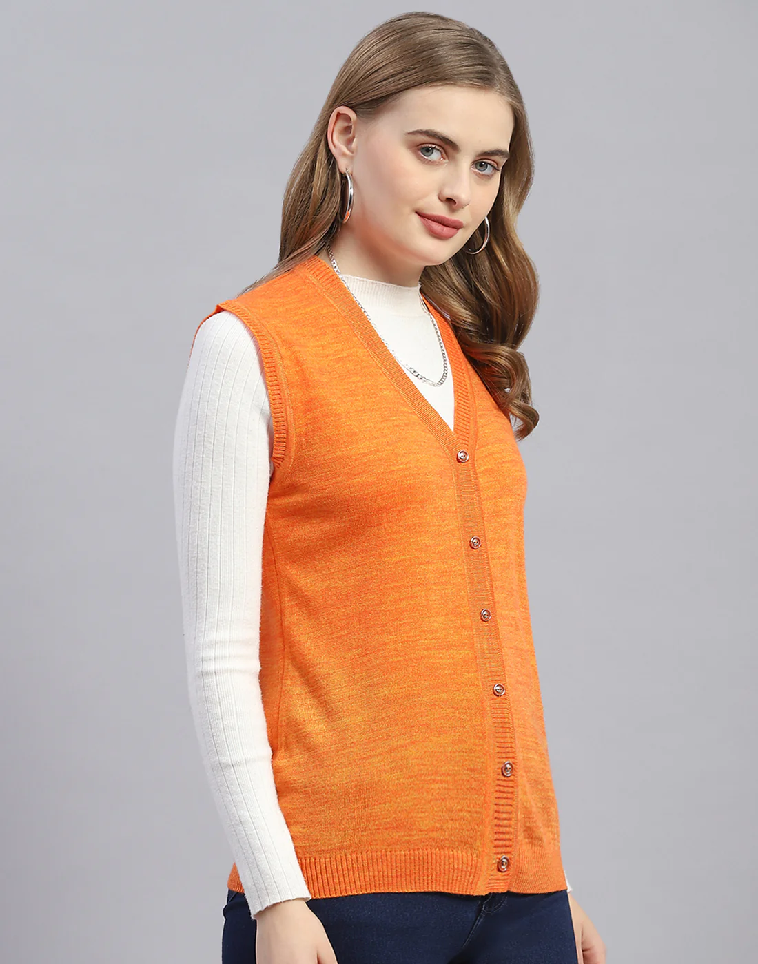 Women Orange Solid V Neck Sleeveless Cardigan - Image 4