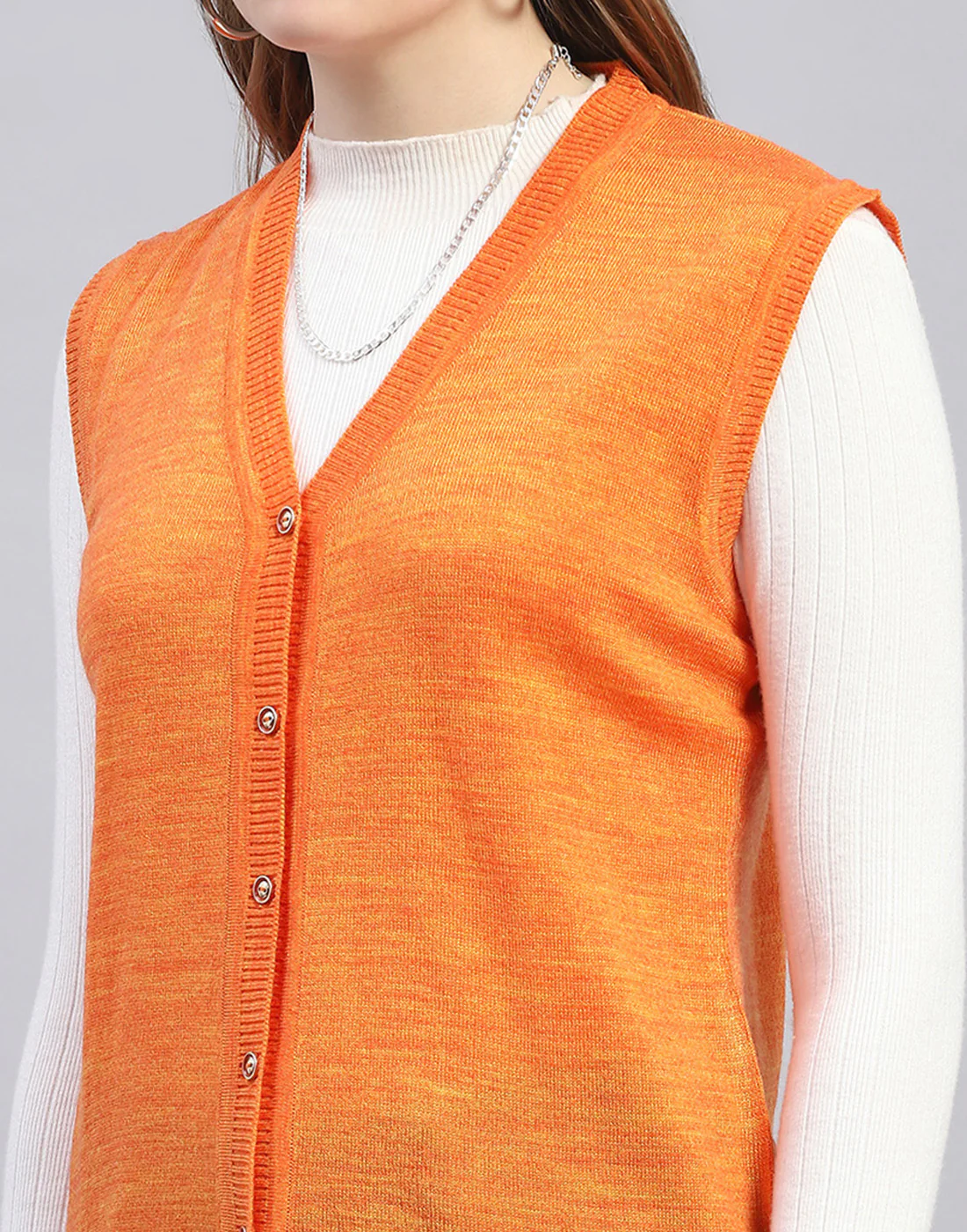 Women Orange Solid V Neck Sleeveless Cardigan - Image 7