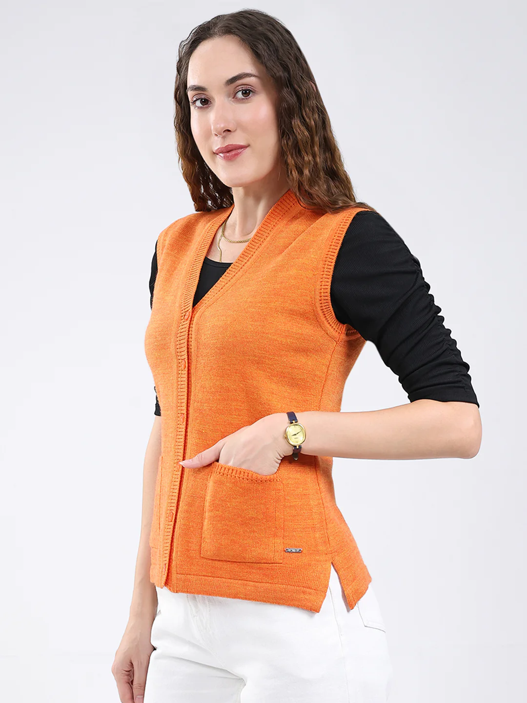 Women Orange Solid V Neck Sleeveless Cardigan - Image 3