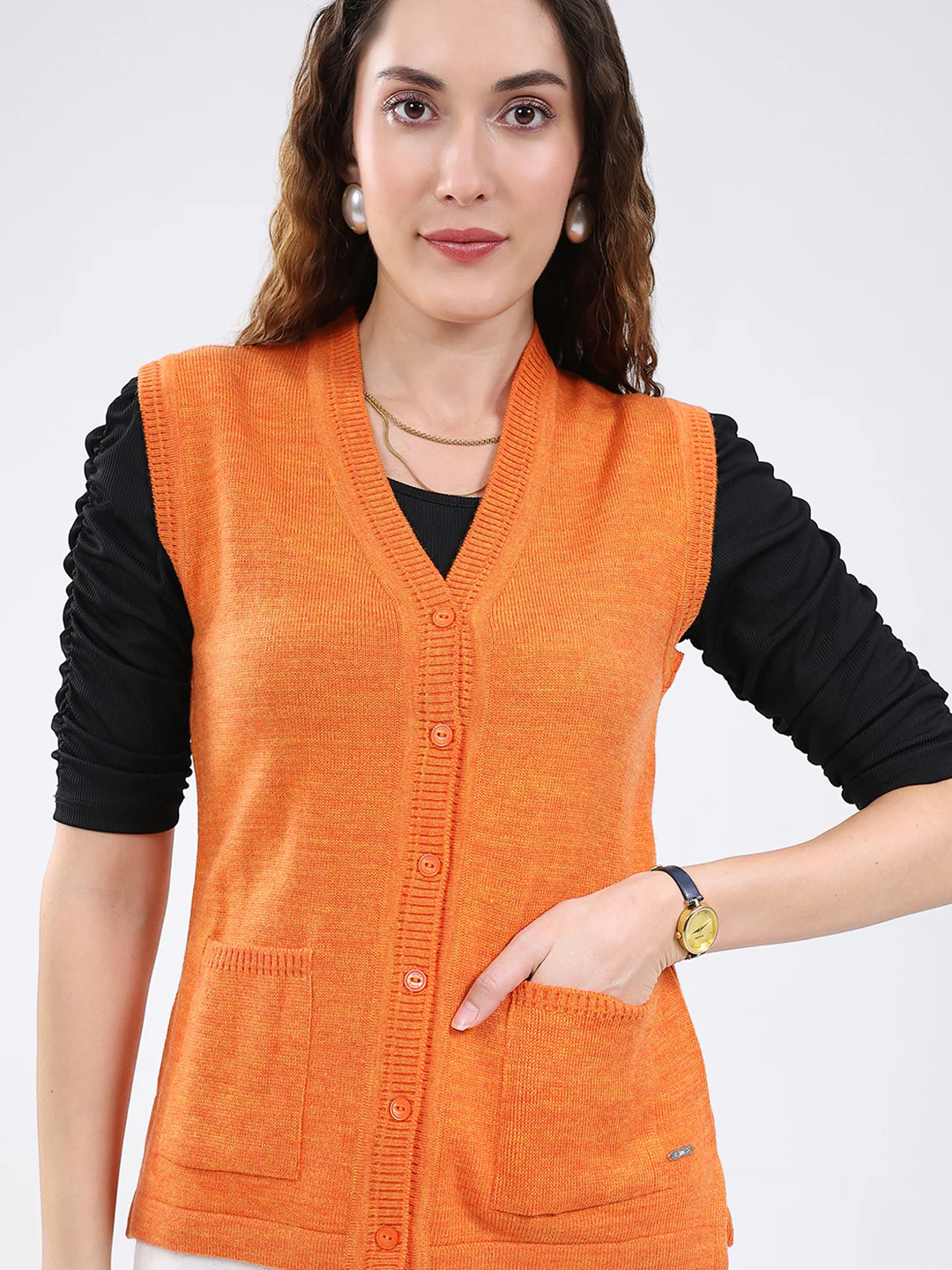 Women Orange Solid V Neck Sleeveless Cardigan - Image 7