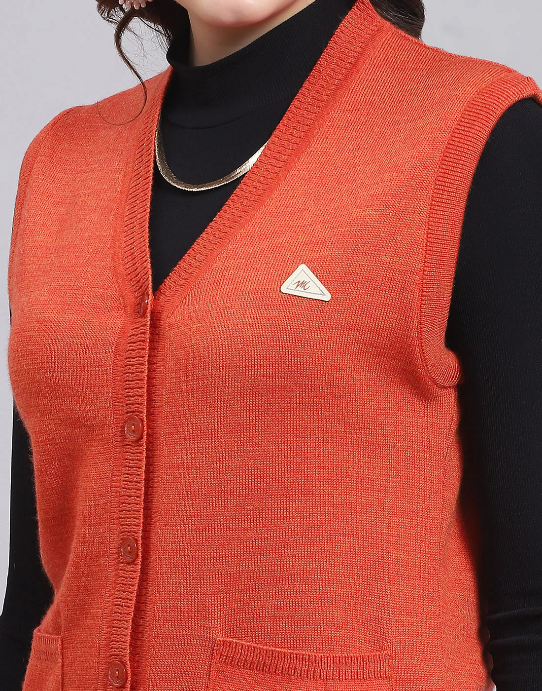 Women Orange Solid V Neck Sleeveless Sweater - Image 7