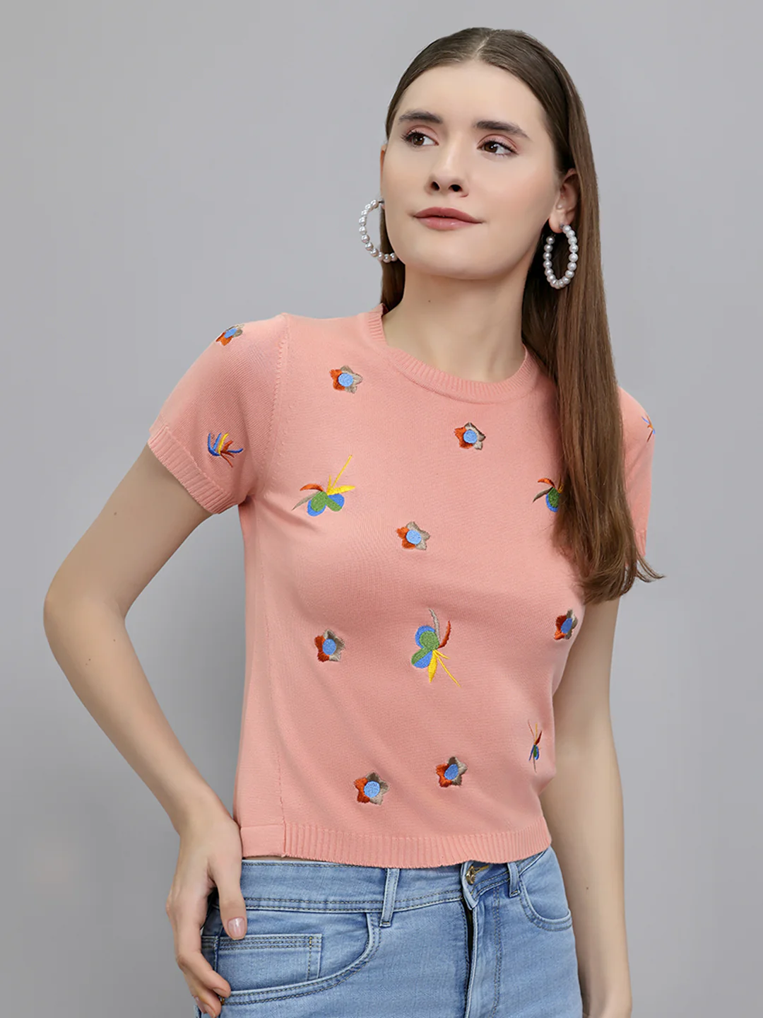 Women Peach Embroidered Round Neck Half Sleeve Top - Image 3