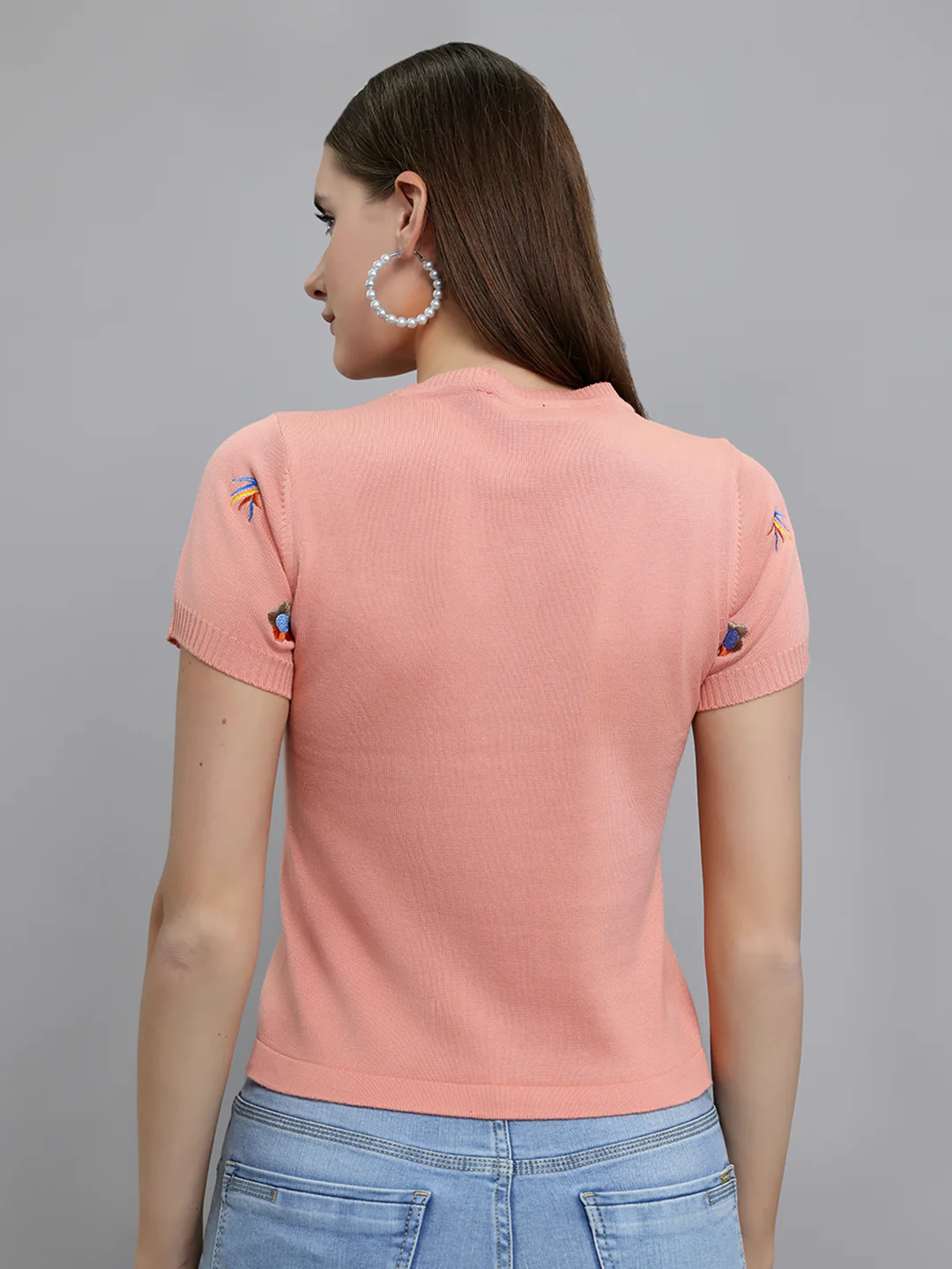 Women Peach Embroidered Round Neck Half Sleeve Top - Image 4