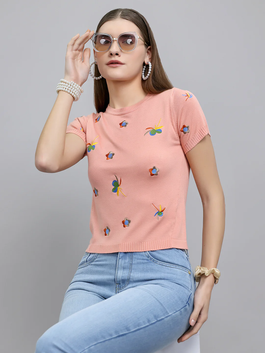 Women Peach Embroidered Round Neck Half Sleeve Top - Image 6