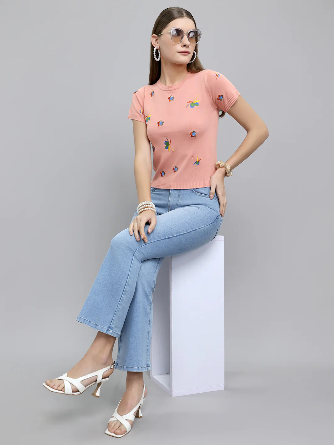 Women Peach Embroidered Round Neck Half Sleeve Top - Image 7