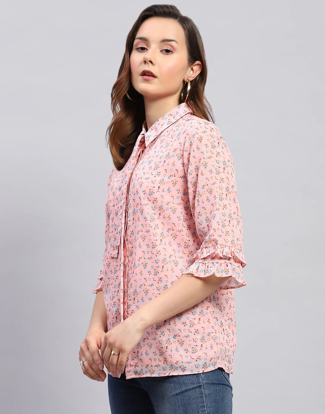Women Peach Floral Print Collar Neck 3/4 Sleeve Top - Image 3