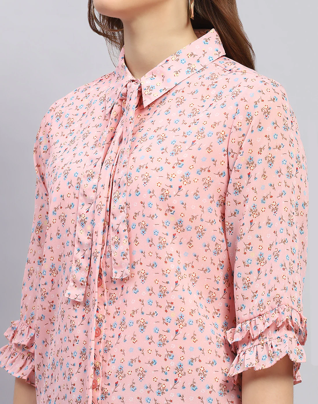Women Peach Floral Print Collar Neck 3/4 Sleeve Top - Image 6