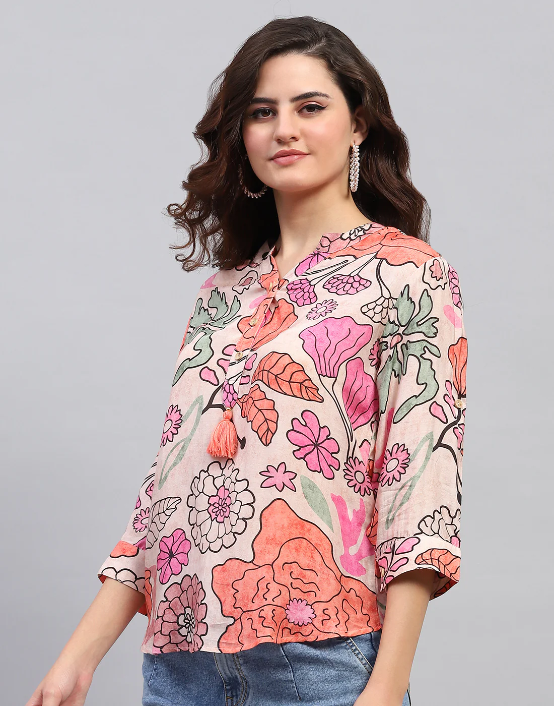 Women Peach Printed Fashion Neck 3/4 Sleeve Top - Image 3