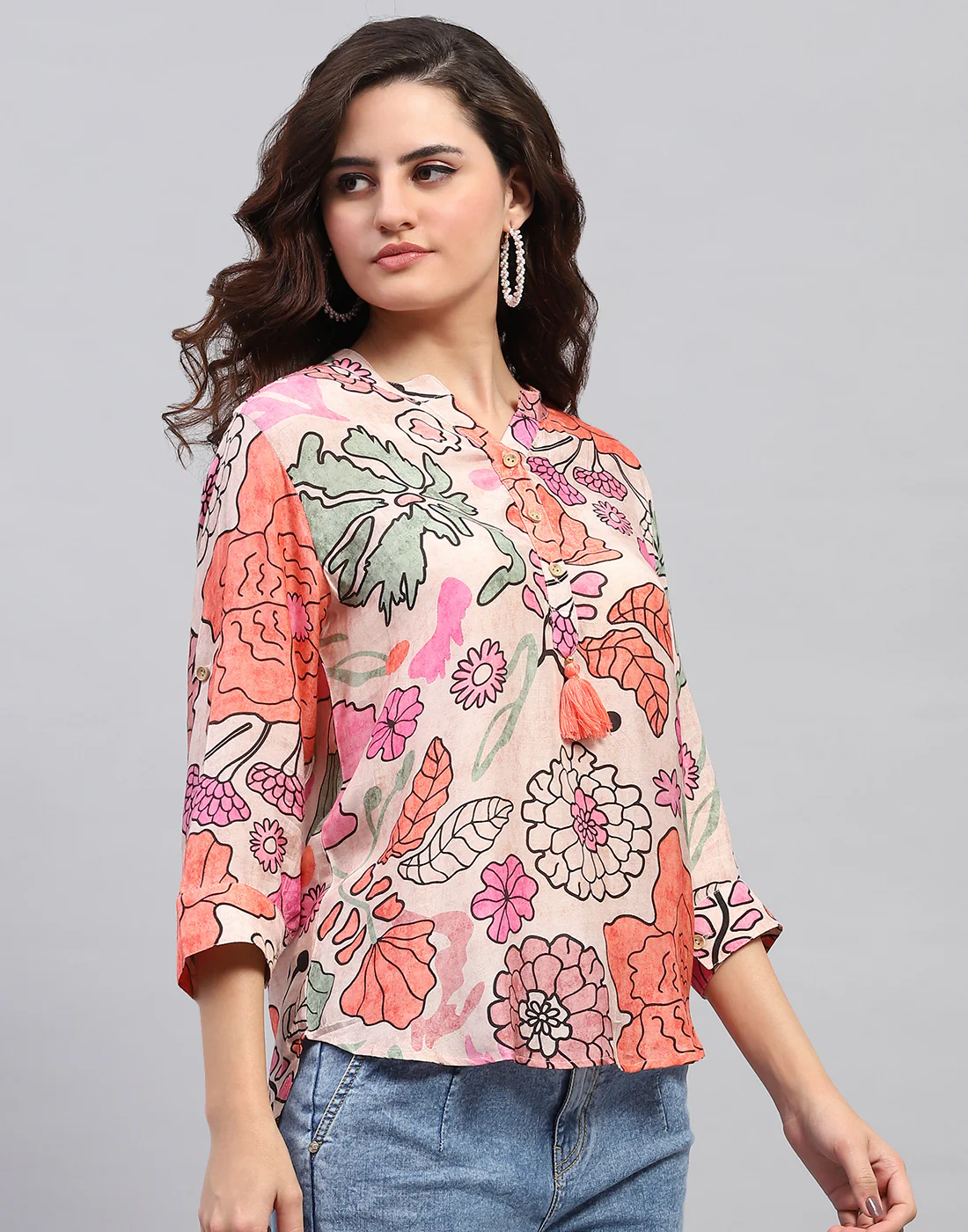 Women Peach Printed Fashion Neck 3/4 Sleeve Top - Image 4