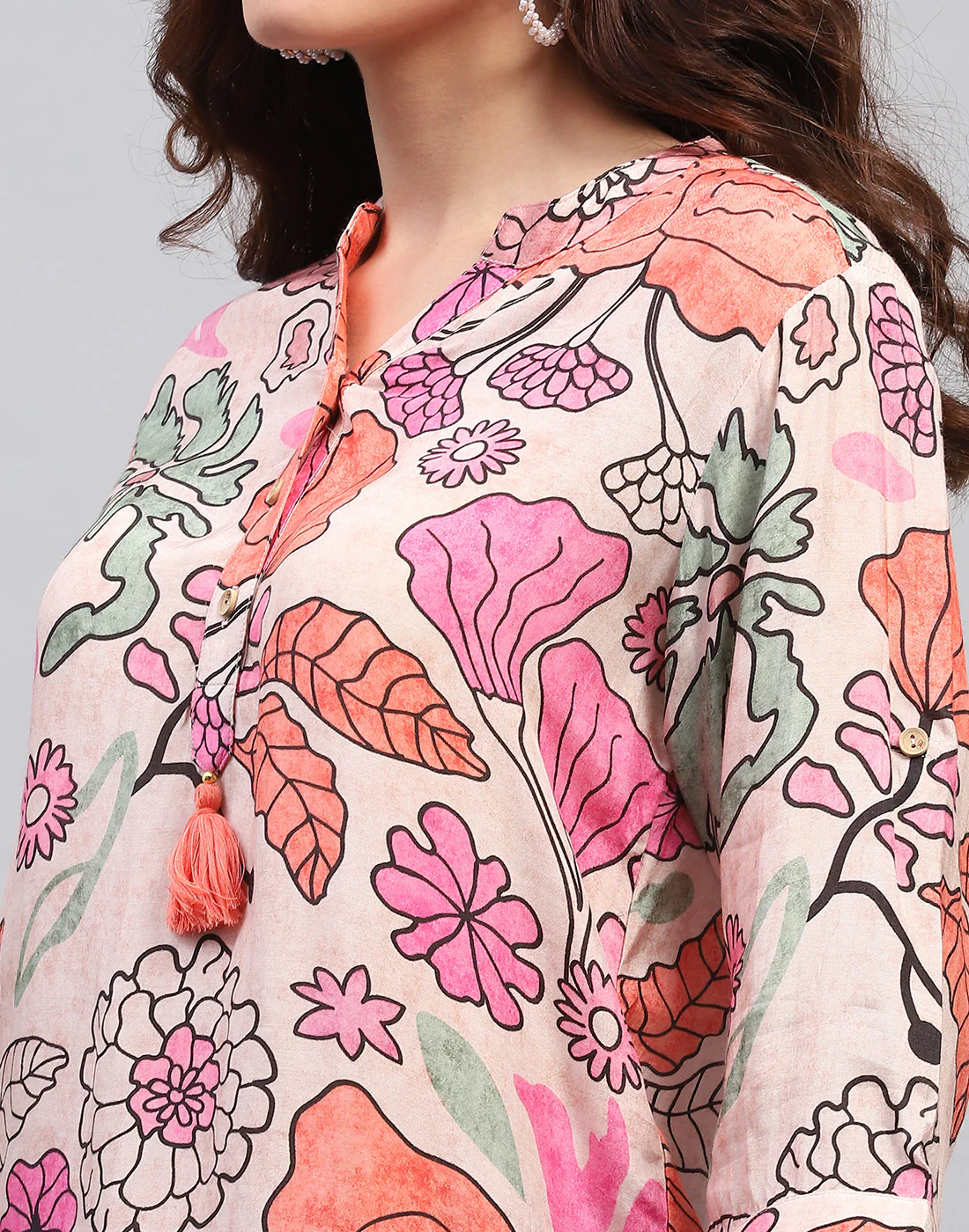 Women Peach Printed Fashion Neck 3/4 Sleeve Top - Image 6