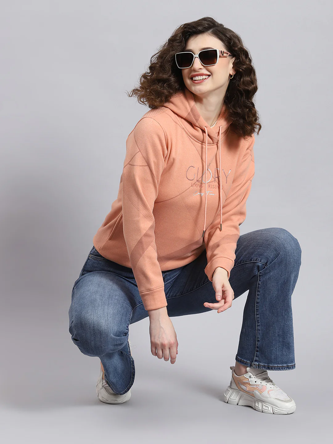 Women Peach Printed Hooded Full Sleeve Sweatshirt - Image 2