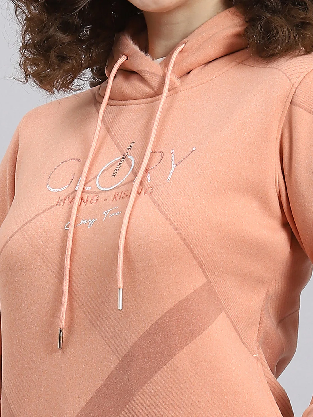 Women Peach Printed Hooded Full Sleeve Sweatshirt - Image 6
