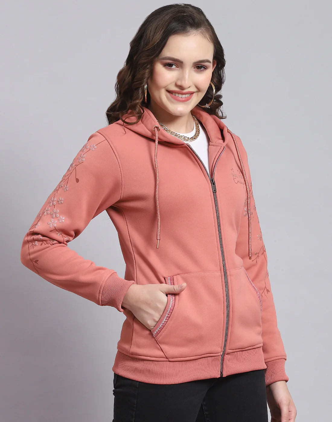 Women Peach Printed Hooded Full Sleeve Sweatshirt - Image 5