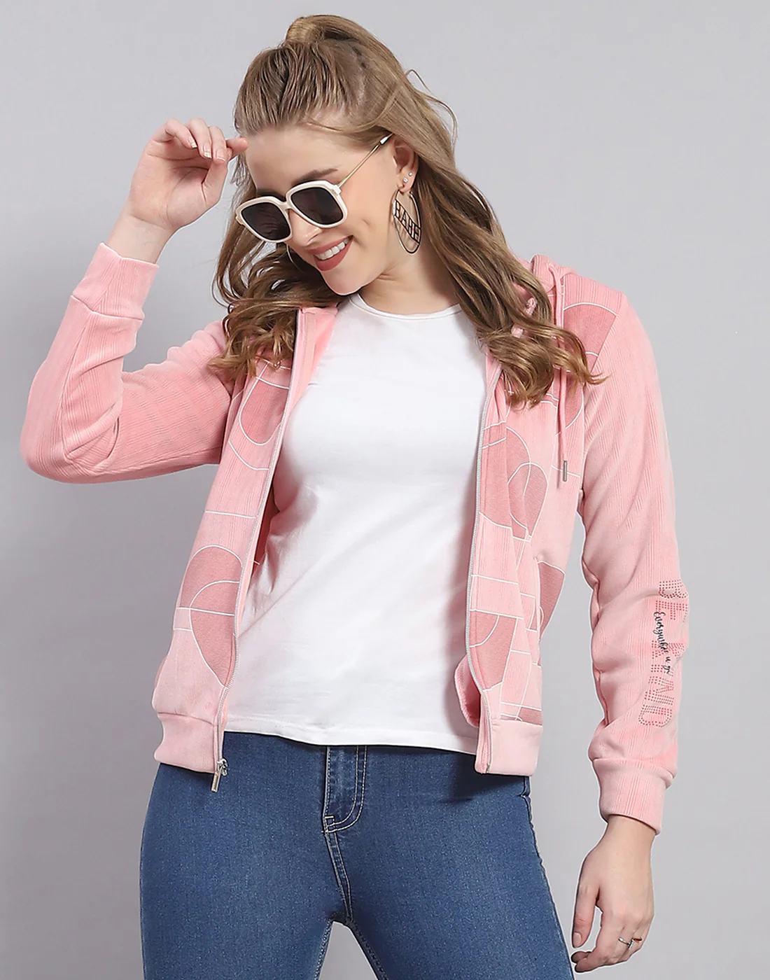 Women Peach Printed Hooded Full Sleeve Sweatshirt - Image 2