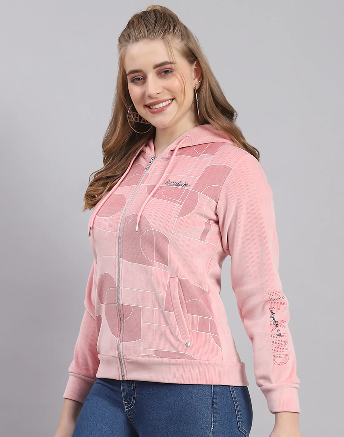 Women Peach Printed Hooded Full Sleeve Sweatshirt - Image 4
