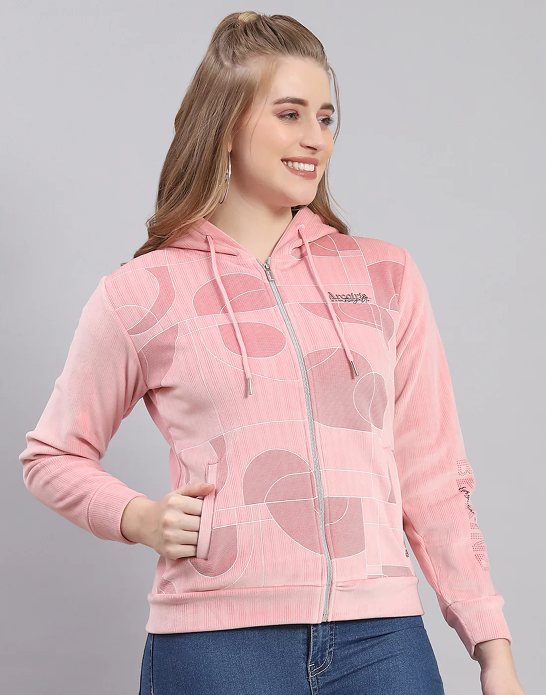 Women Peach Printed Hooded Full Sleeve Sweatshirt - Image 5