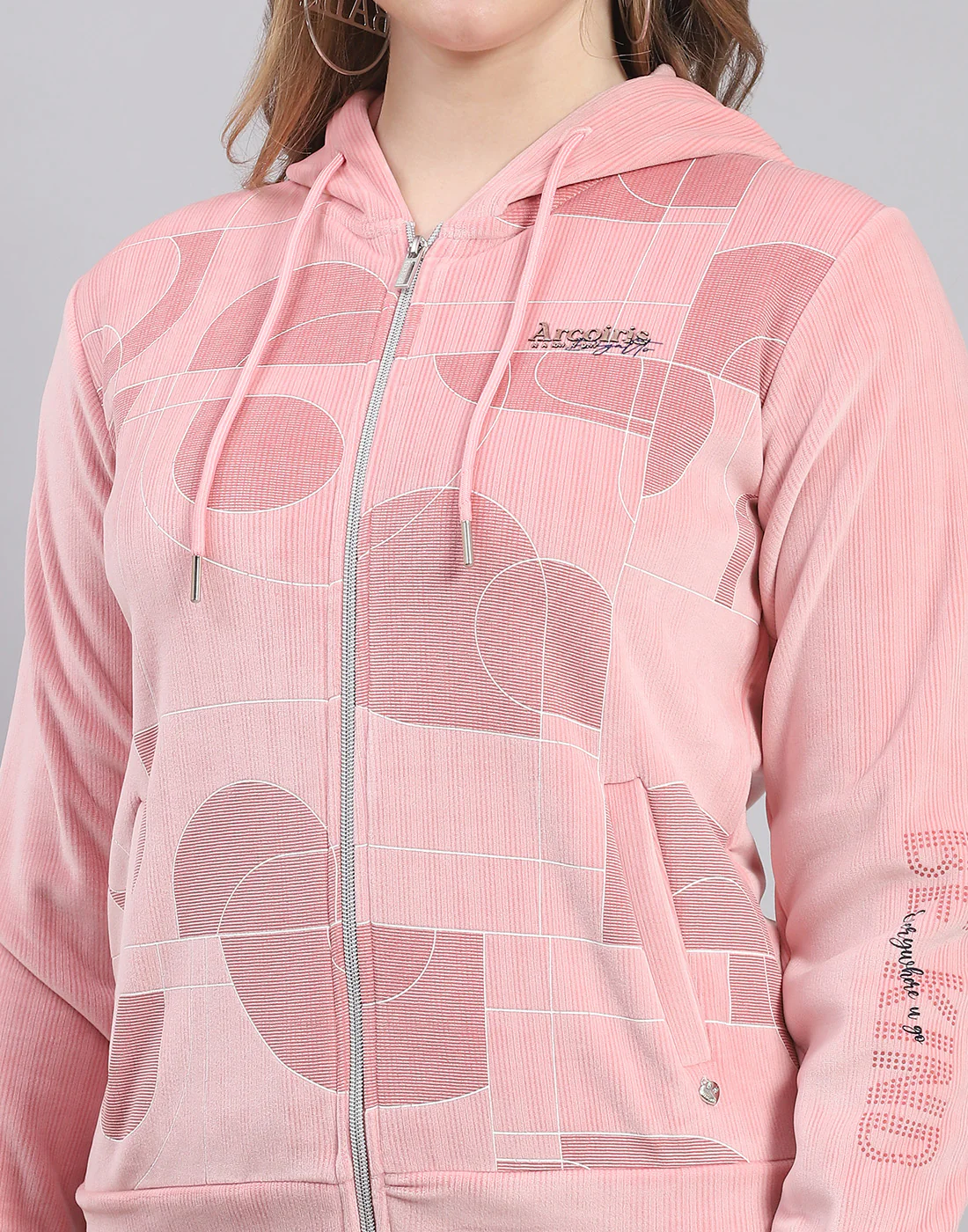 Women Peach Printed Hooded Full Sleeve Sweatshirt - Image 7