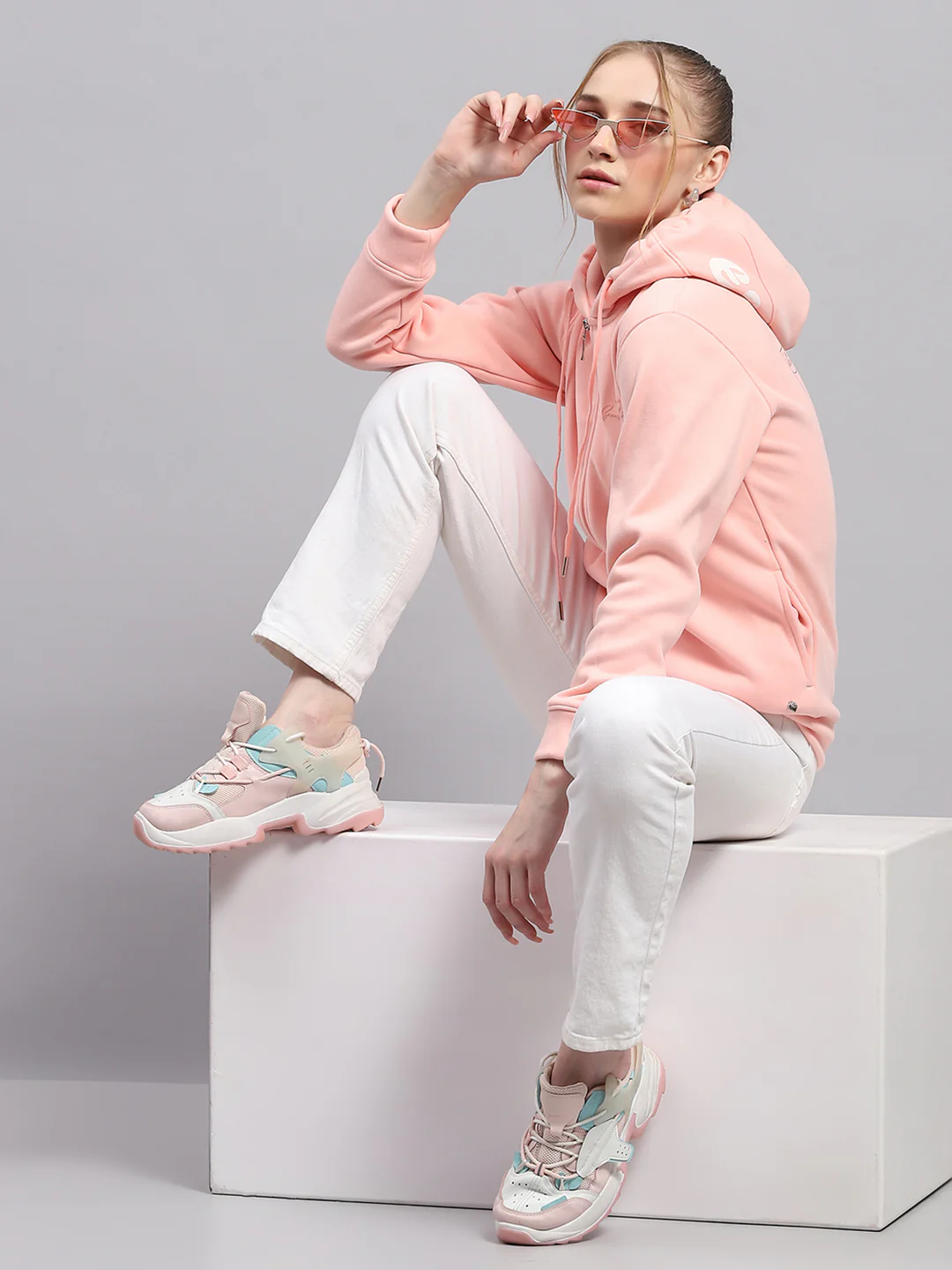 Women Peach Printed Hooded Full Sleeve Sweatshirt - Image 2
