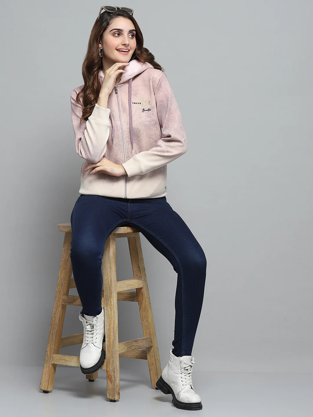 Women Peach Printed Hooded Full Sleeve Sweatshirt - Image 2