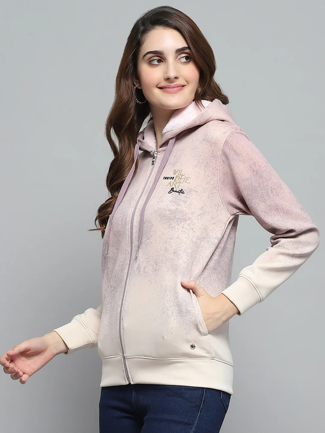 Women Peach Printed Hooded Full Sleeve Sweatshirt - Image 3