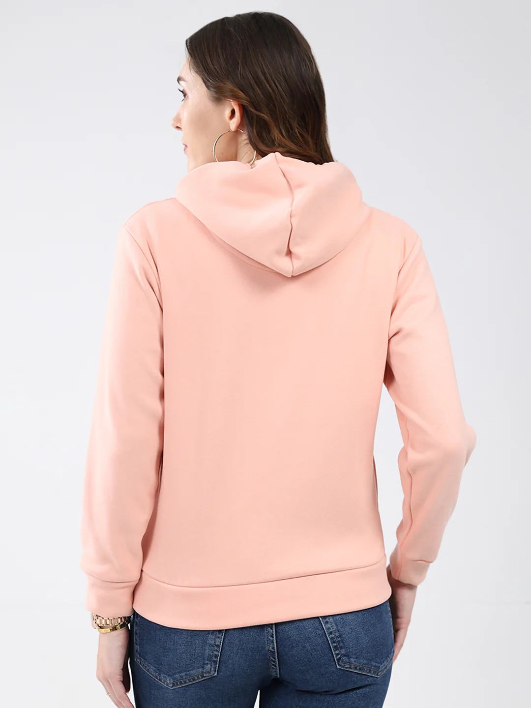 Women Peach Printed Hooded Full Sleeve Sweatshirt - Image 5