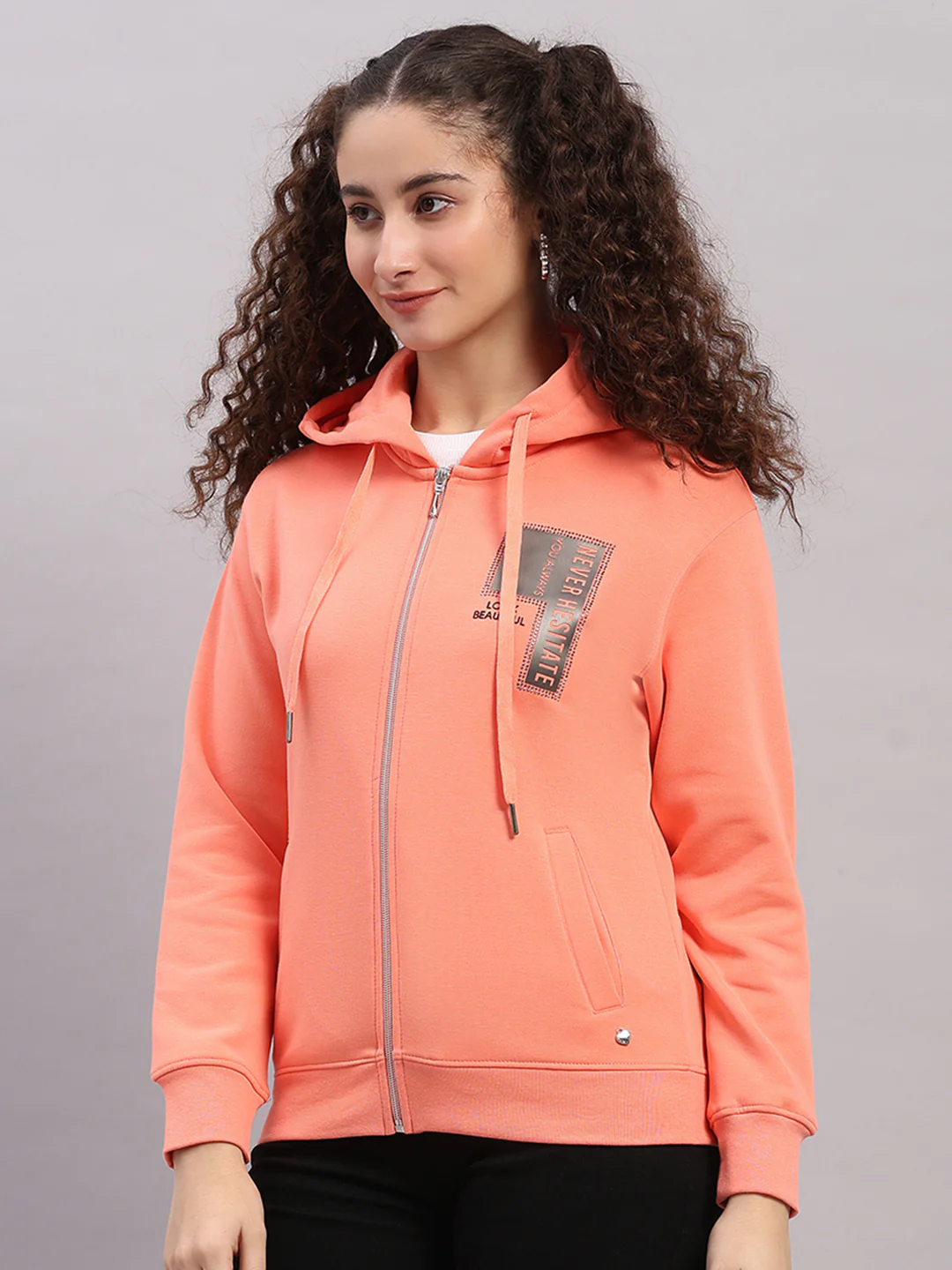 Women Peach Printed Hooded Full Sleeve Sweatshirt - Image 3