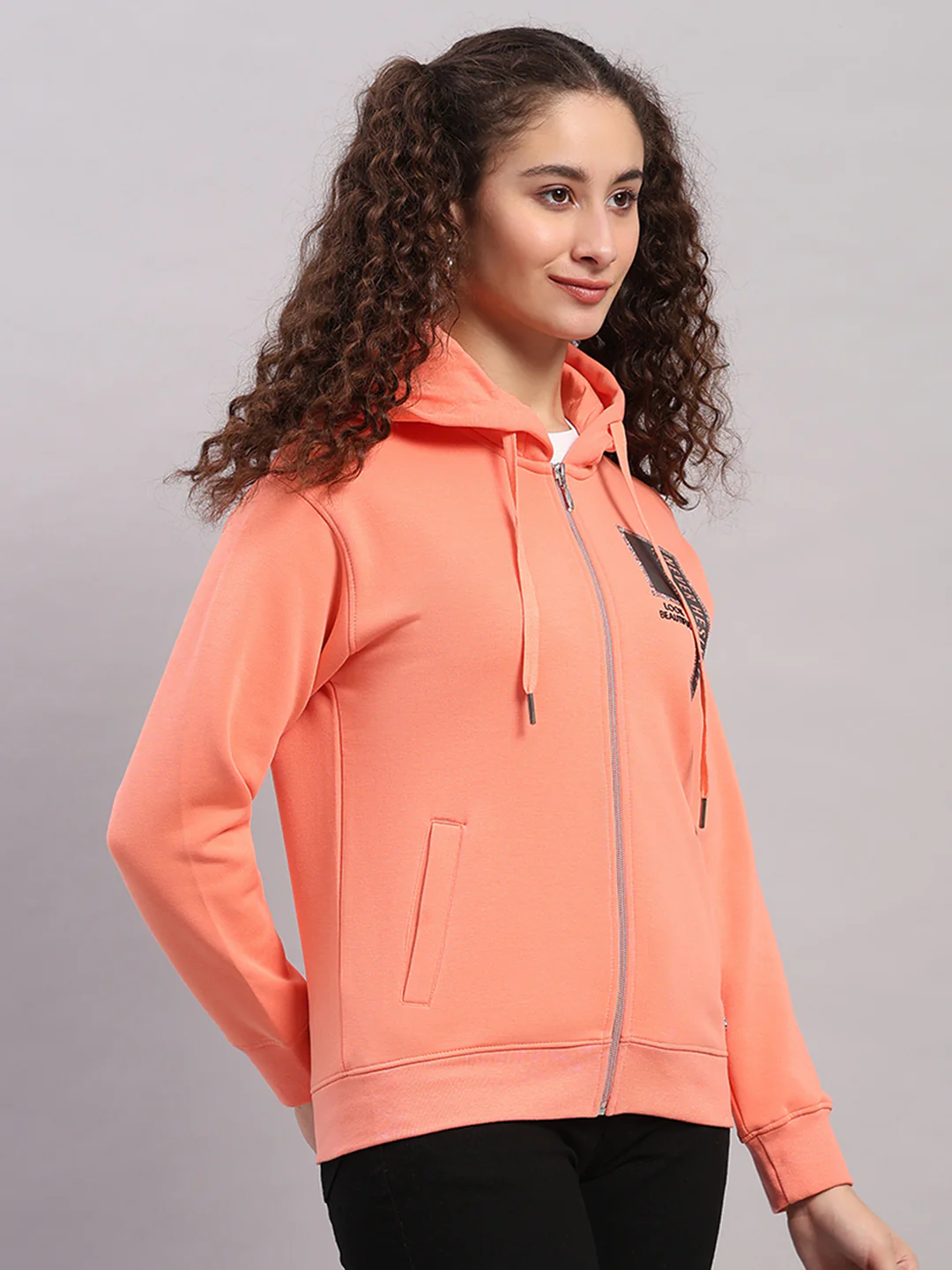 Women Peach Printed Hooded Full Sleeve Sweatshirt - Image 4