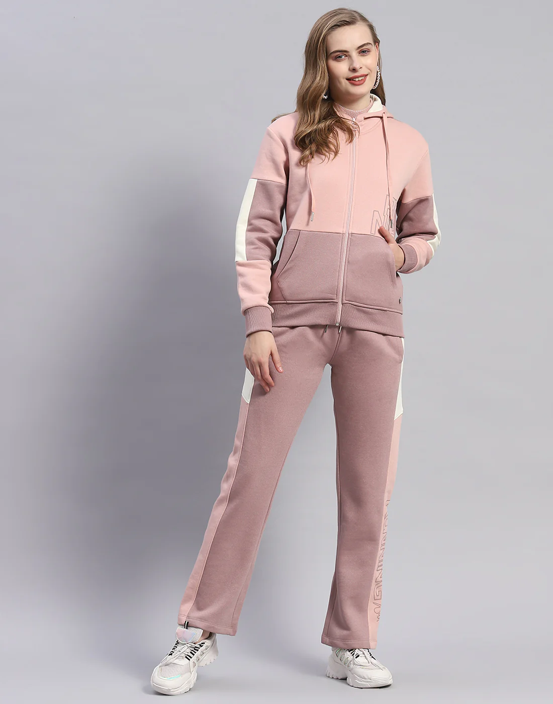 Women Peach Printed Hooded Full Sleeve Tracksuit - Image 2