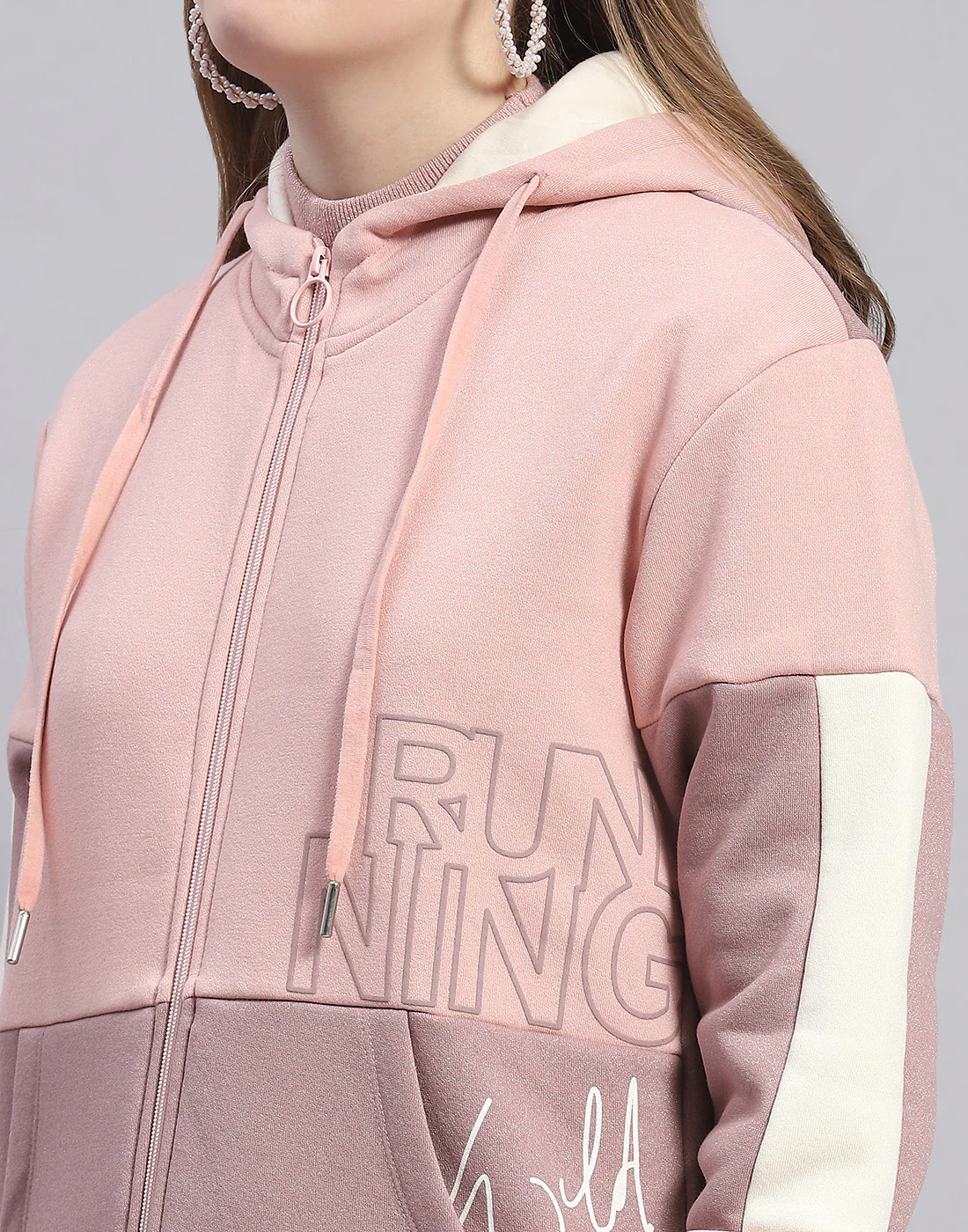 Women Peach Printed Hooded Full Sleeve Tracksuit - Image 6