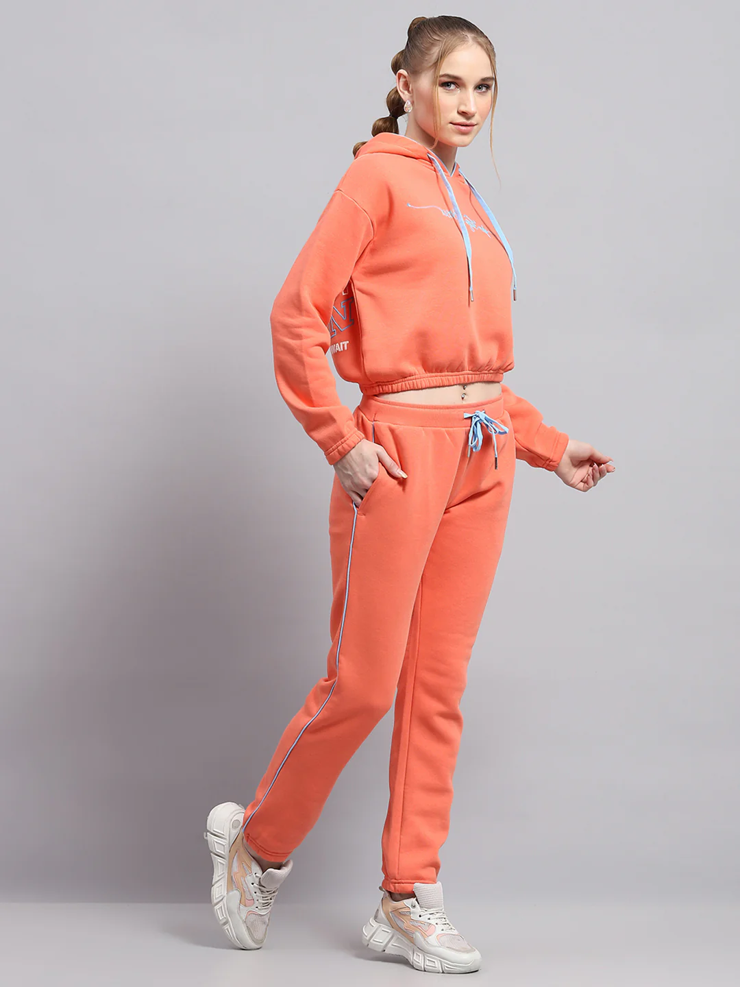 Women Peach Printed Hooded Full Sleeve Tracksuit - Image 4