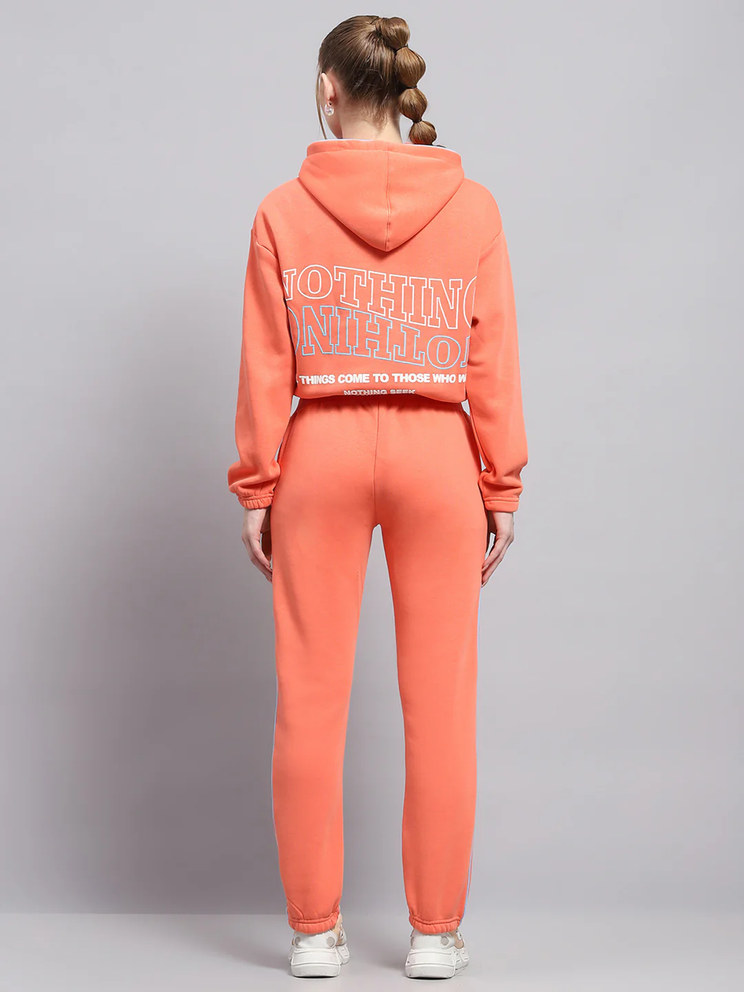 Women Peach Printed Hooded Full Sleeve Tracksuit - Image 5