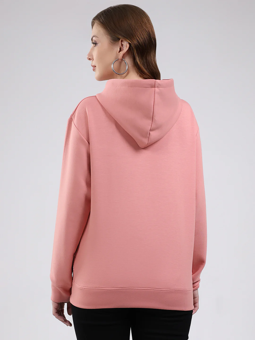 Women Peach Printed Hooded Full Sleeve Winter Top - Image 5