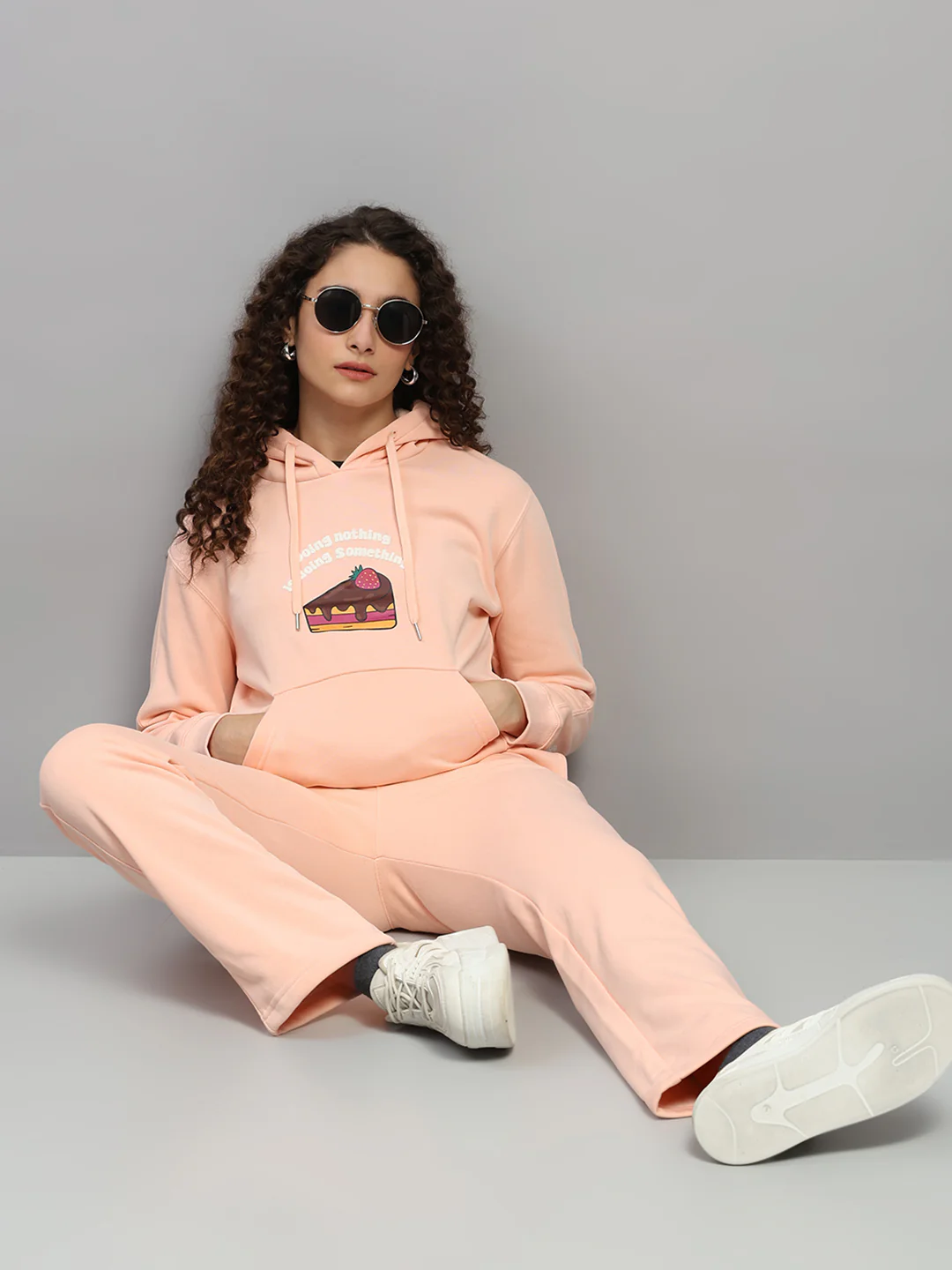 Women Peach Printed Hooded Full Sleeve Winter Tracksuit - Image 2