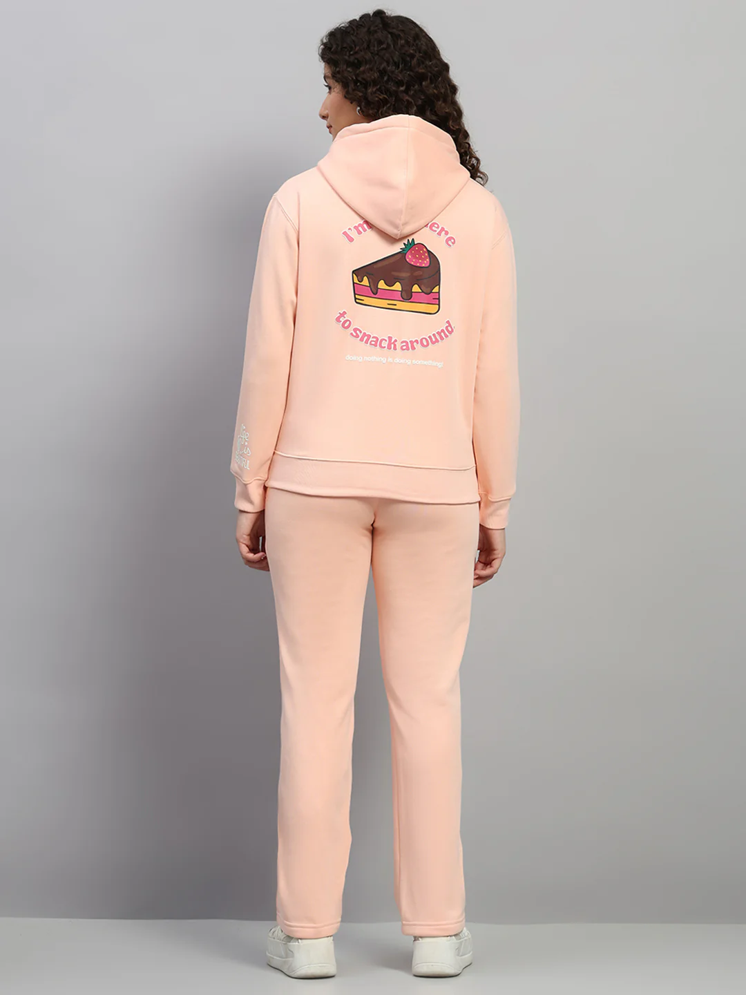 Women Peach Printed Hooded Full Sleeve Winter Tracksuit - Image 5