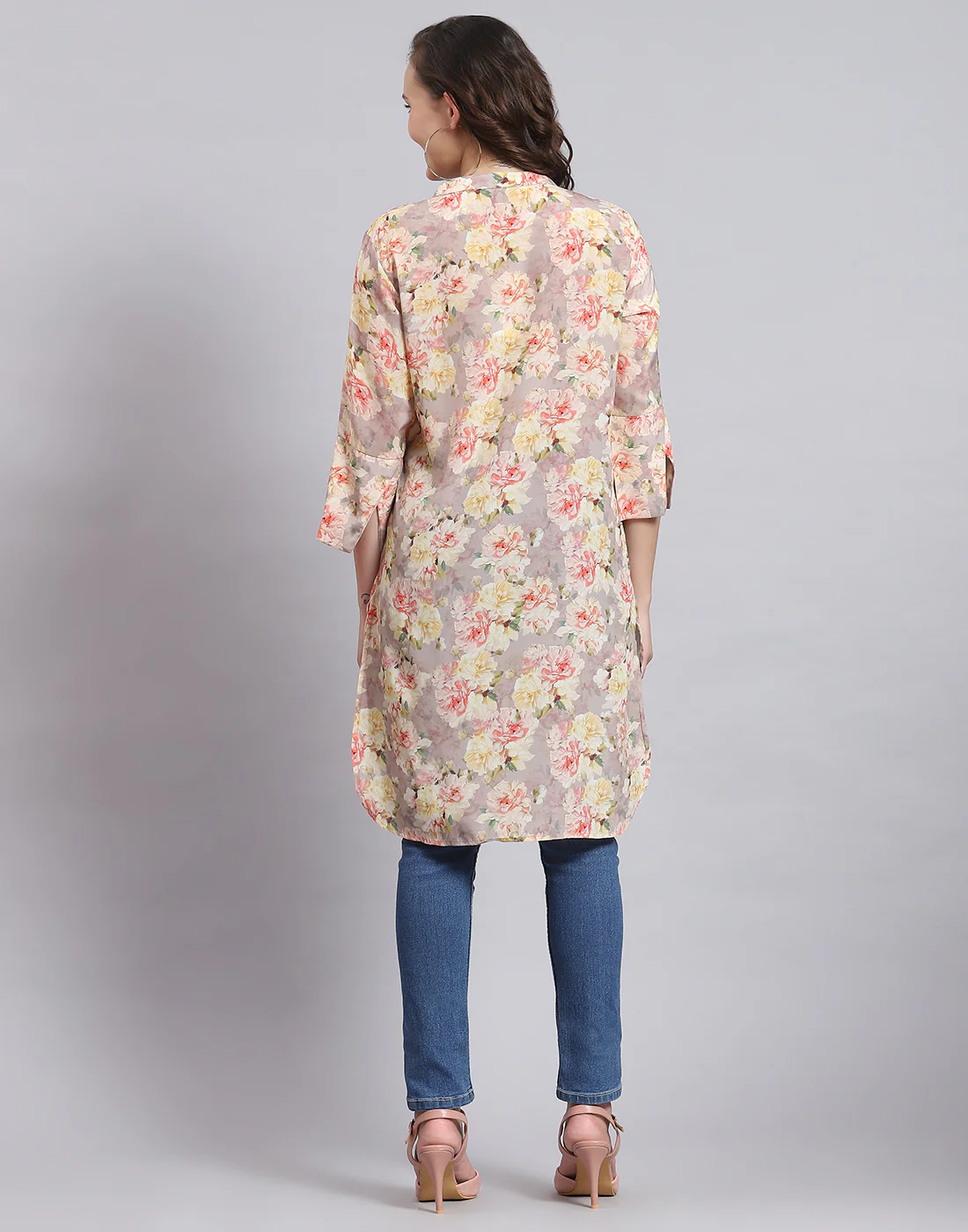 Women Peach Printed Mandarin Collar 3/4 Sleeve Kurti - Image 5