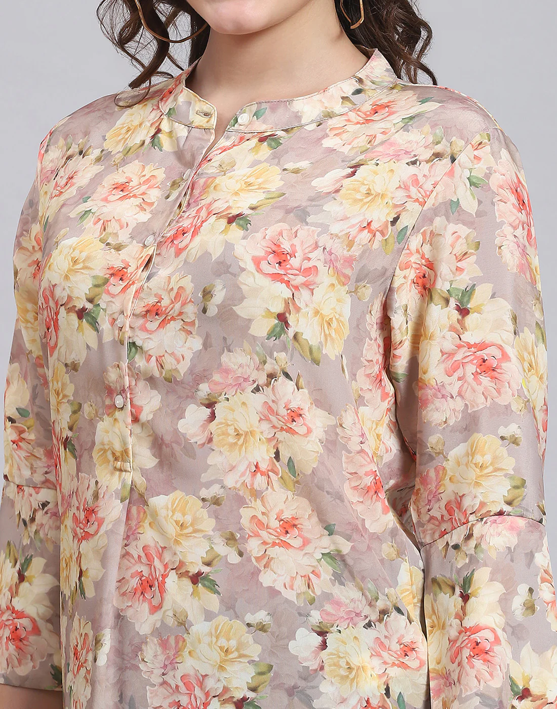 Women Peach Printed Mandarin Collar 3/4 Sleeve Kurti - Image 6