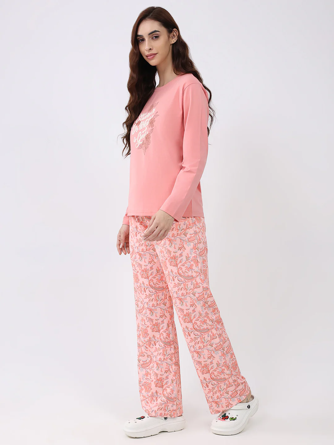 Women Peach Printed Round Neck Full Sleeve Lower Set - Image 3