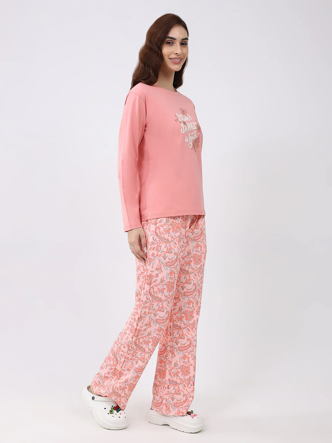 Women Peach Printed Round Neck Full Sleeve Lower Set - Image 4