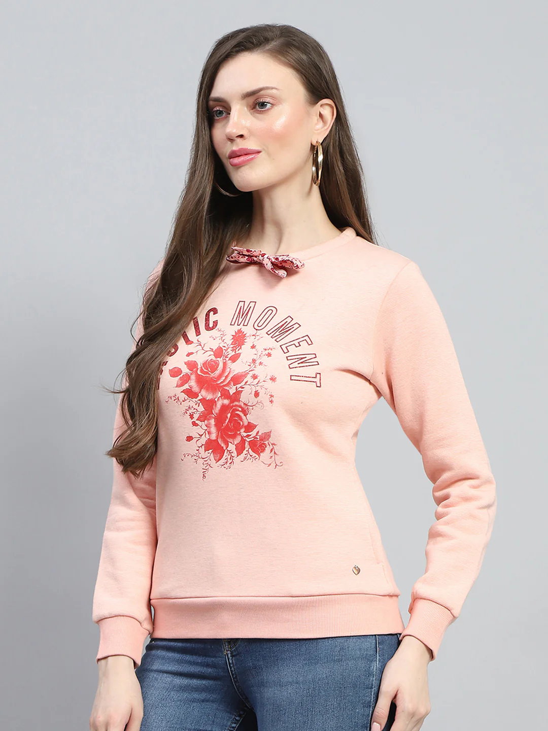 Women Peach Printed Round Neck Full Sleeve Sweatshirt - Image 3