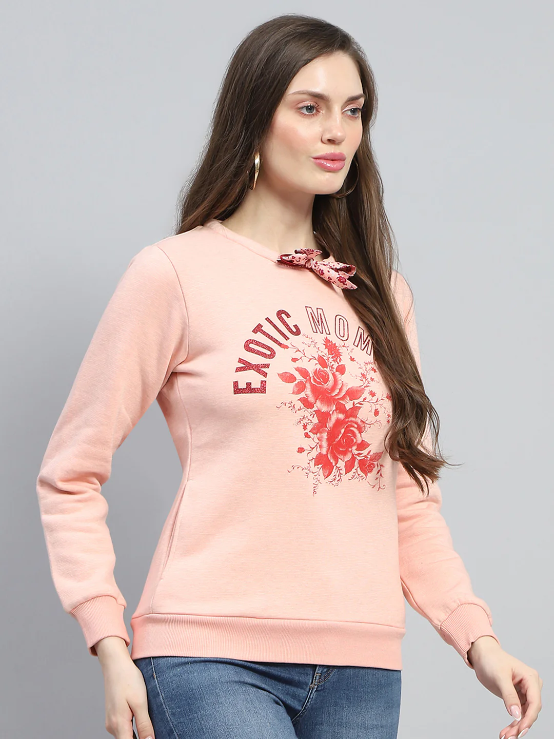Women Peach Printed Round Neck Full Sleeve Sweatshirt - Image 4