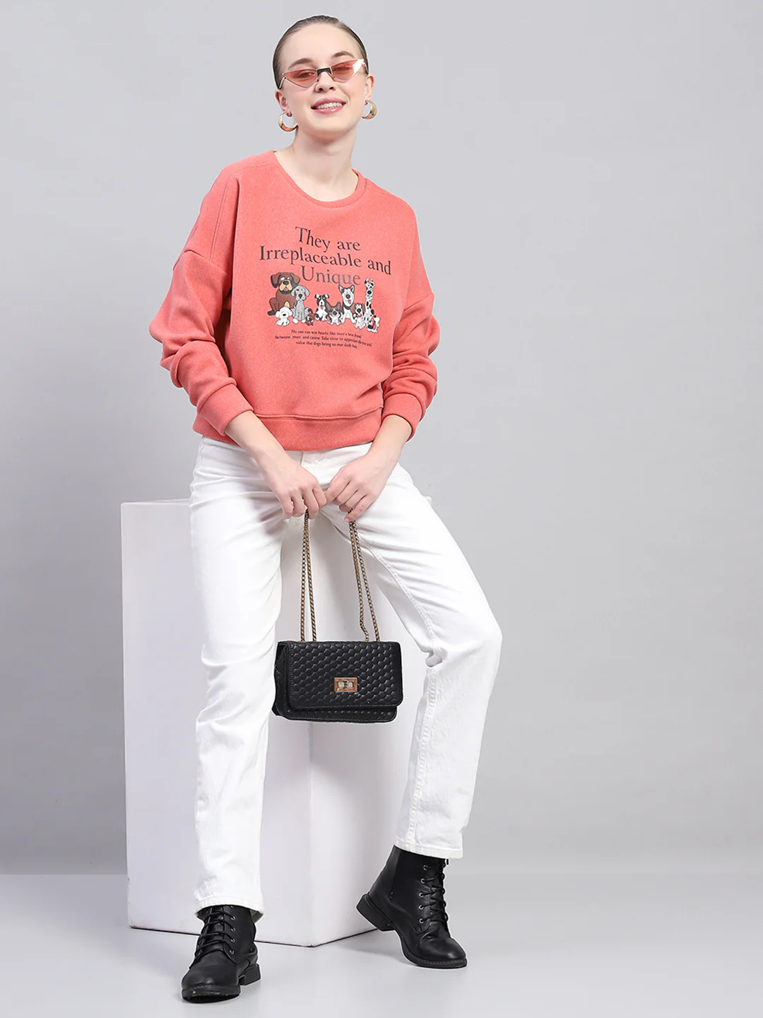 Women Peach Printed Round Neck Full Sleeve Sweatshirt - Image 2