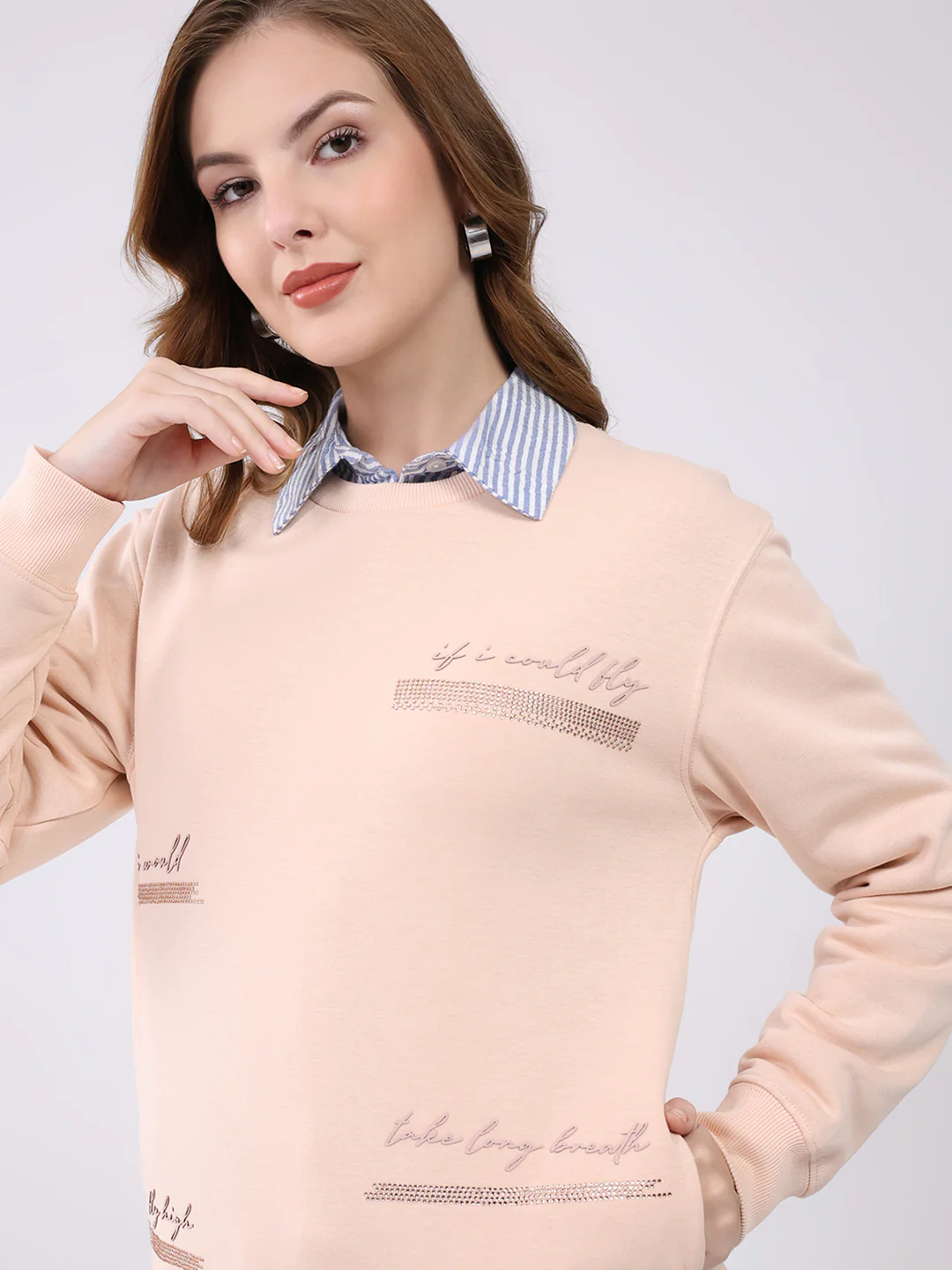Women Peach Printed Round Neck Full Sleeve Sweatshirt - Image 6